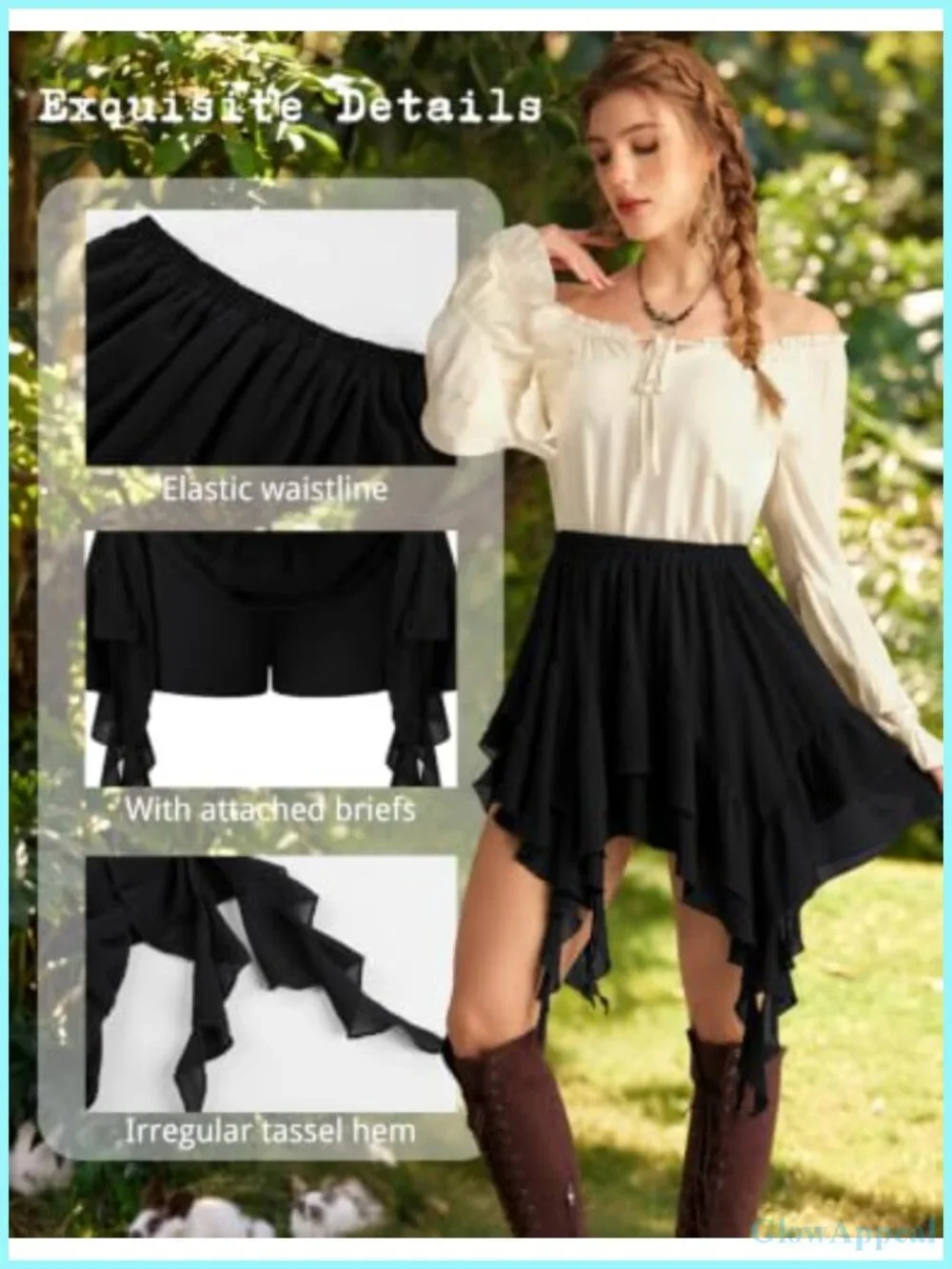 Women's Renaissance Boho Tiered Skort with Built-in Shorts, Elastic Waist,